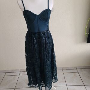 Dark Teal Lace Midi Dress with Corset Bodice